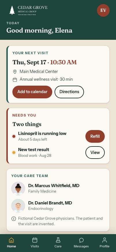 Cedar Grove Medical Group app, screen 1