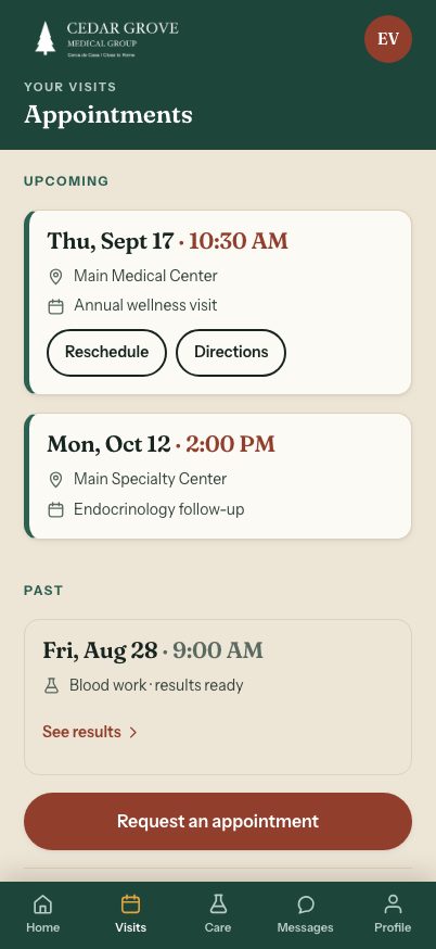 Cedar Grove Medical Group app, screen 2