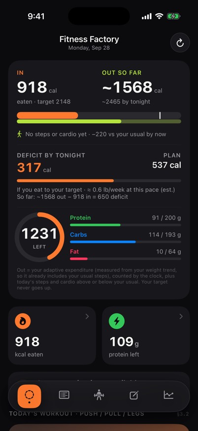 Fitness Factory app, screen 1