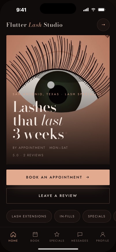 Flutter Lash Studio app, screen 1