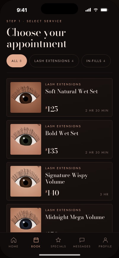 Flutter Lash Studio app, screen 2