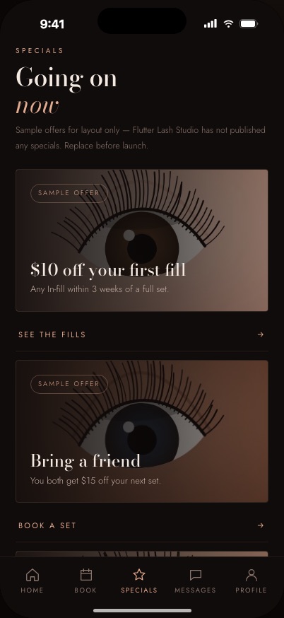Flutter Lash Studio app, screen 3