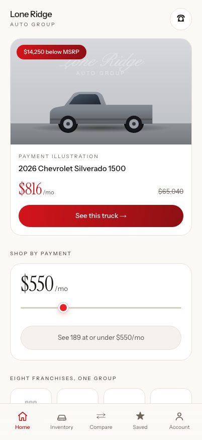 Lone Ridge Auto Group app, screen 1