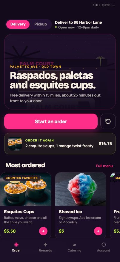 Palm Court Snacks app, screen 1